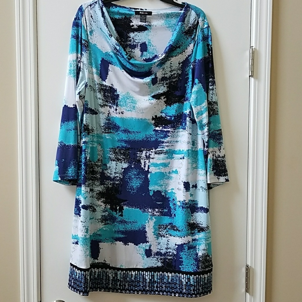 Blue, white, and black cowlneck dress